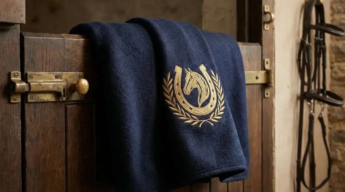 High-end horse blanket digitizing example showing an embroidered crest on wool