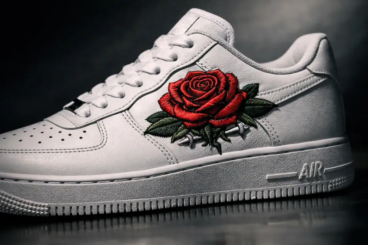 High-end sneaker embroidery digitizing example on white leather