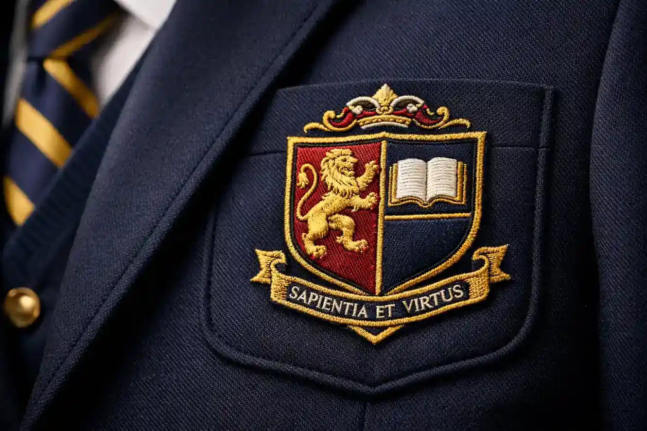 High-end private school uniform blazer showing premium school crest digitizing